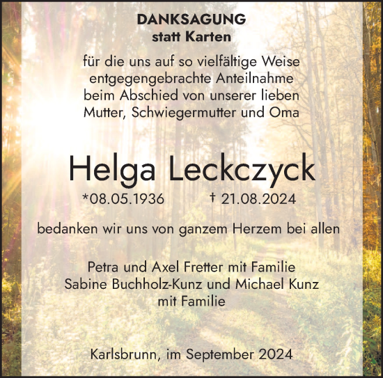 Traueranzeige von Helga Leckczyck von saarbruecker_zeitung