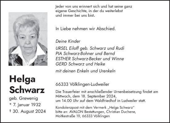 Traueranzeige von Helga Schwarz von saarbruecker_zeitung