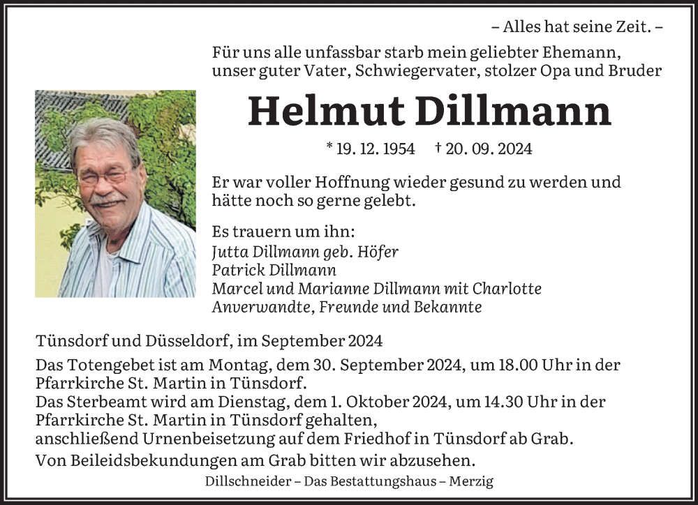  Traueranzeige für Helmut Dillmann vom 27.09.2024 aus saarbruecker_zeitung