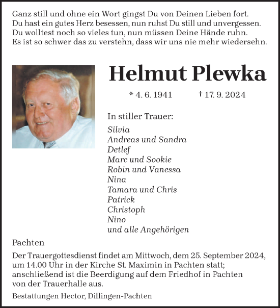 Traueranzeige von Helmut Plewka von saarbruecker_zeitung