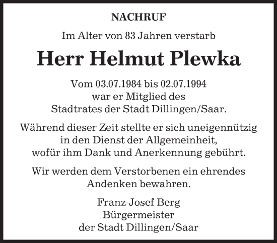 Traueranzeige von Helmut Plewka von saarbruecker_zeitung