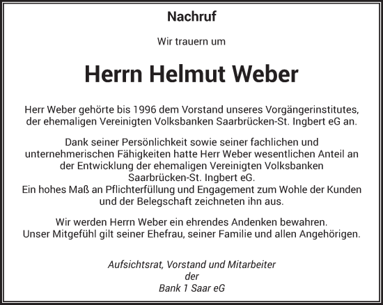 Traueranzeige von Helmut Weber von saarbruecker_zeitung