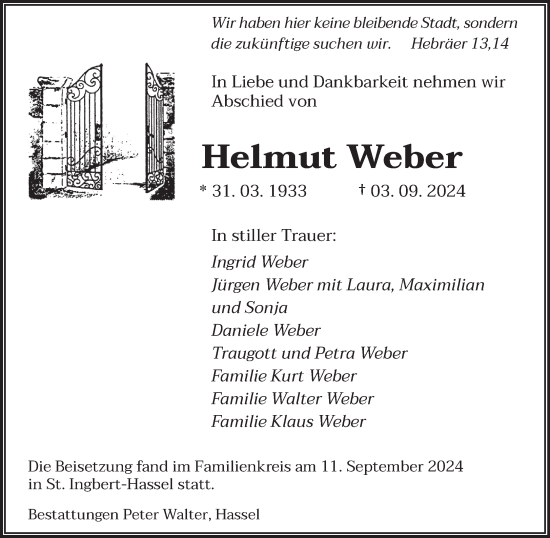 Traueranzeige von Helmut Weber von saarbruecker_zeitung