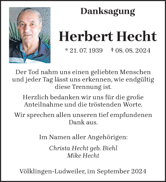 Traueranzeige von Herbert Hecht von saarbruecker_zeitung