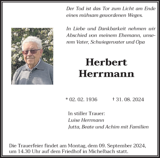 Traueranzeige von Herbert Herrmann von saarbruecker_zeitung