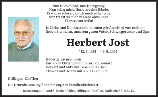 Traueranzeige von Herbert Jost von saarbruecker_zeitung