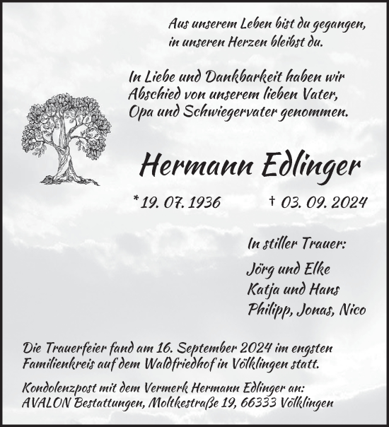 Traueranzeige von Hermann Edlinger von saarbruecker_zeitung