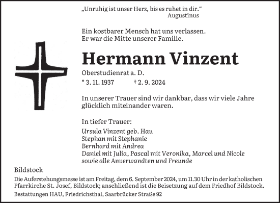 Traueranzeige von Hermann Vinzent von saarbruecker_zeitung