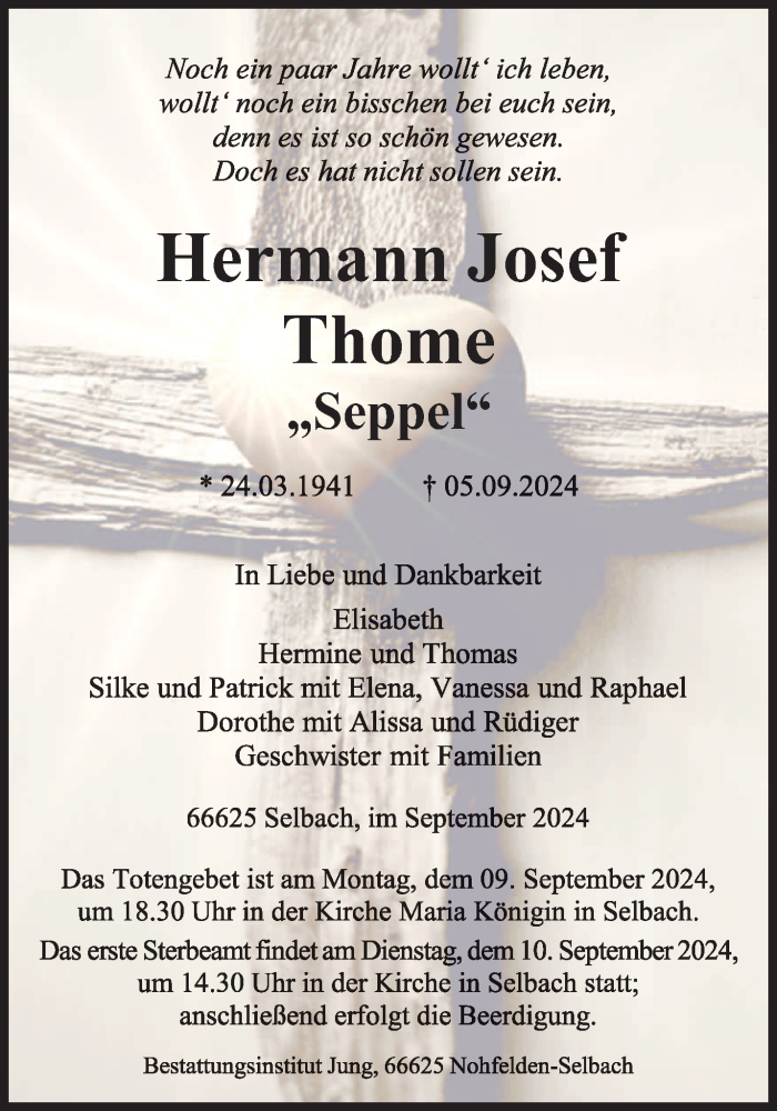  Traueranzeige für Hermann Josef Thome vom 07.09.2024 aus saarbruecker_zeitung