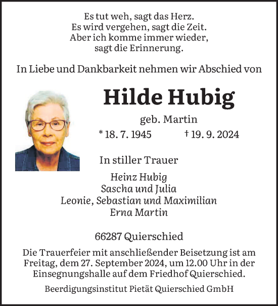 Traueranzeige von Hilde Hubig von saarbruecker_zeitung