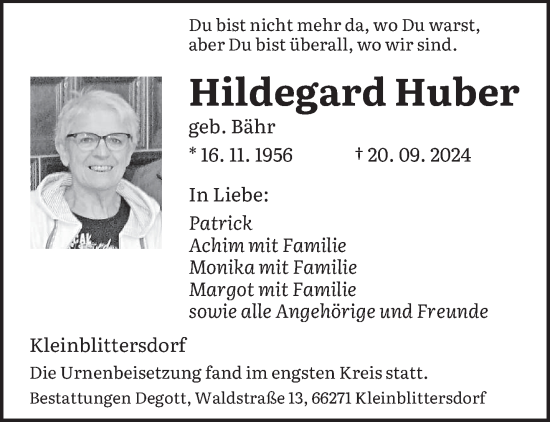 Traueranzeige von Hildegard Huber von saarbruecker_zeitung