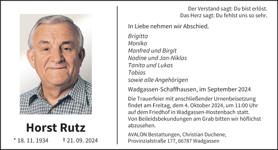 Traueranzeige von Horst Rutz von saarbruecker_zeitung