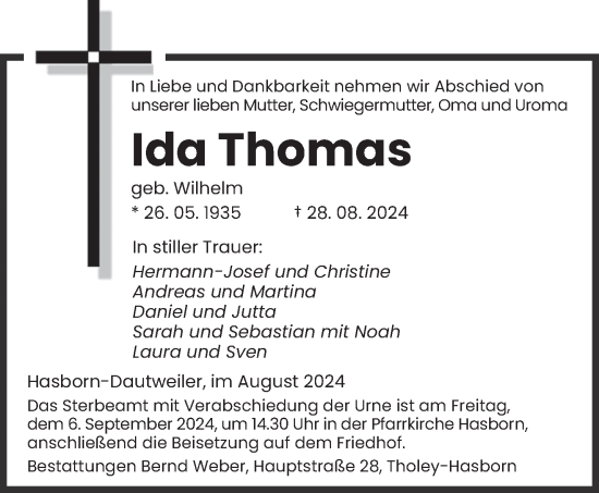 Traueranzeige von Ida Thomas von saarbruecker_zeitung