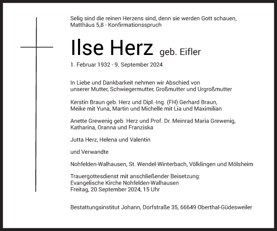 Traueranzeige von Ilse Herz von saarbruecker_zeitung