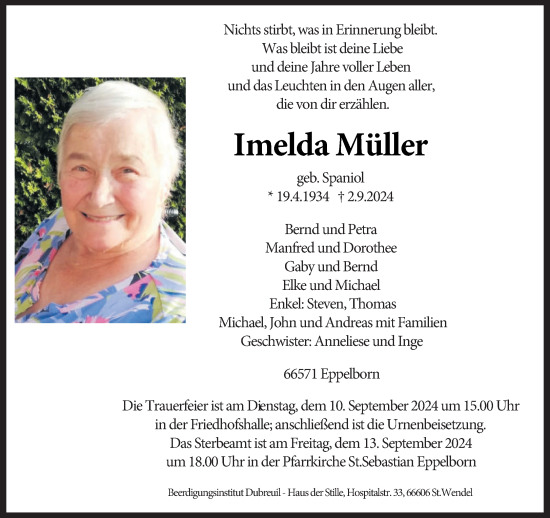 Traueranzeige von Imelda Müller von saarbruecker_zeitung