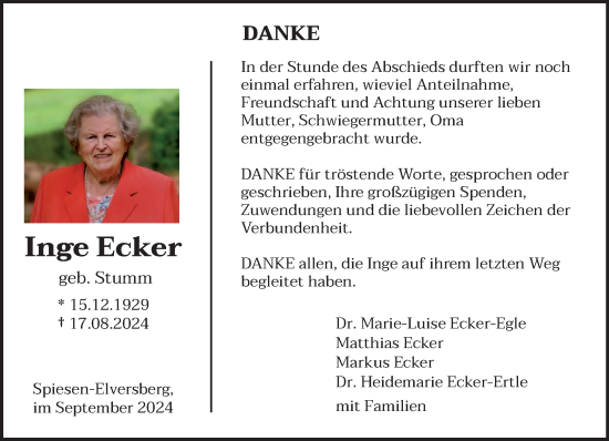 Traueranzeige von Inge Ecker von saarbruecker_zeitung