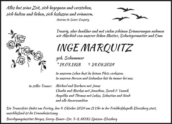 Traueranzeige von Inge Marquitz von saarbruecker_zeitung