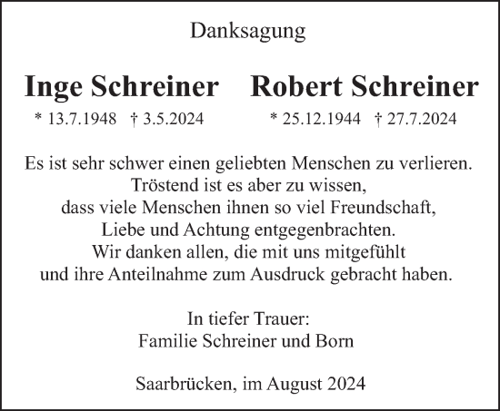 Traueranzeige von Inge Schreiner von saarbruecker_zeitung