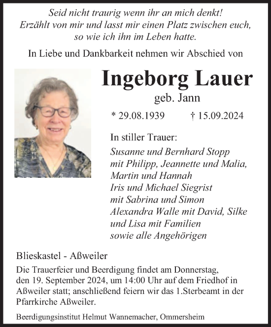 Traueranzeige von Ingeborg Lauer von saarbruecker_zeitung