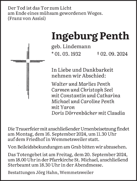 Traueranzeige von Ingeburg Penth von saarbruecker_zeitung