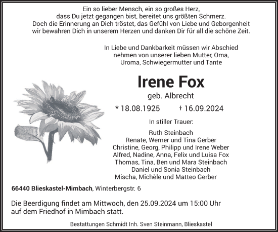 Traueranzeige von Irene Fox von saarbruecker_zeitung