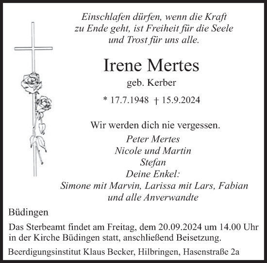 Traueranzeige von Irene Mertes von saarbruecker_zeitung