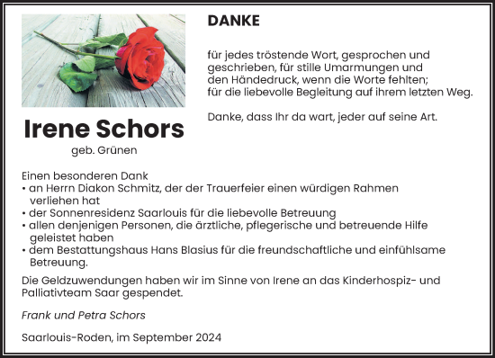 Traueranzeige von Irene Schors von saarbruecker_zeitung