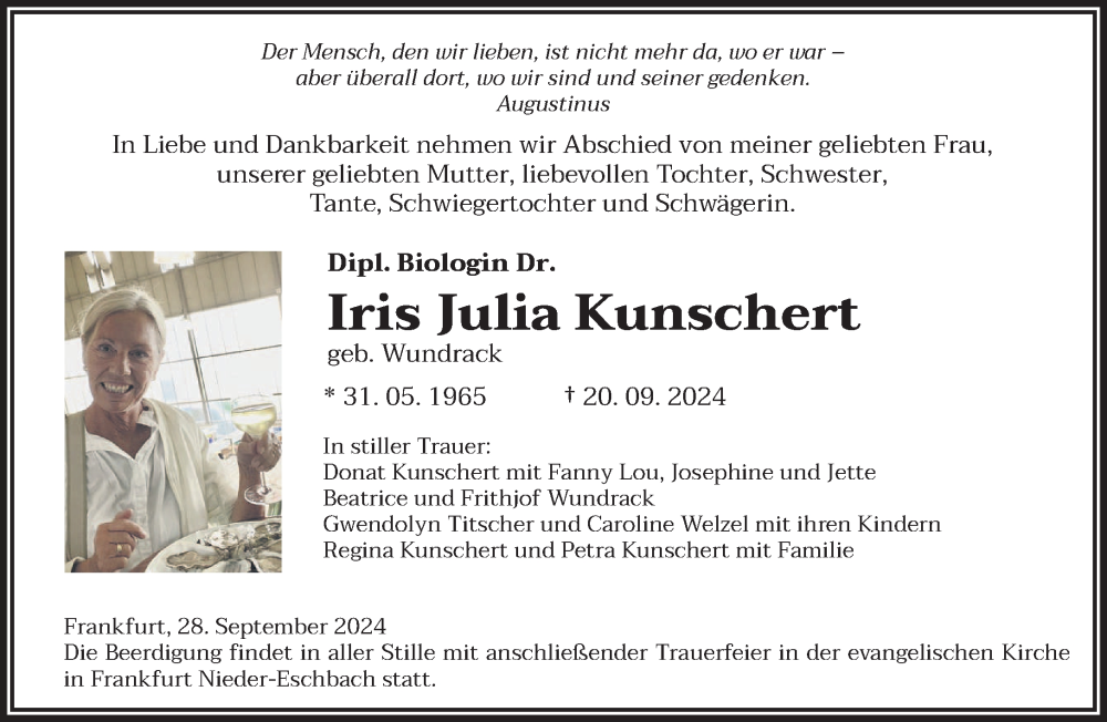  Traueranzeige für Iris Julia Kunschert vom 28.09.2024 aus saarbruecker_zeitung