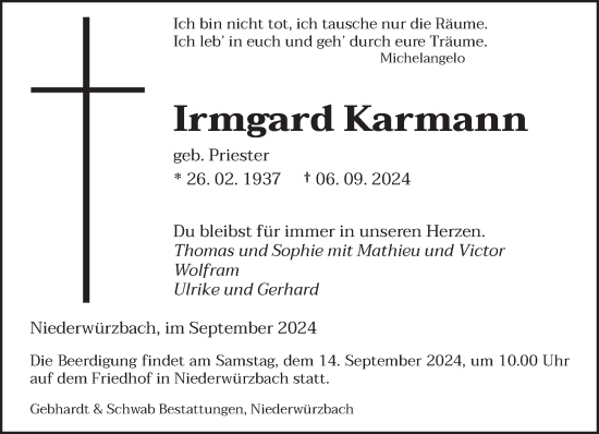 Traueranzeige von Irmgard Karmann von saarbruecker_zeitung