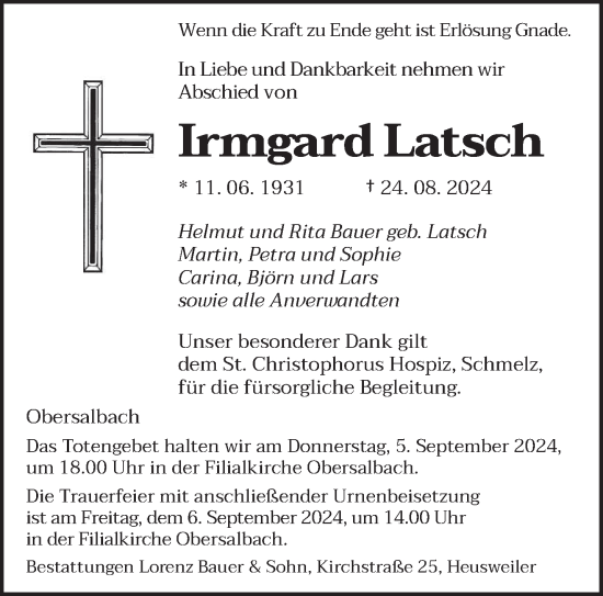 Traueranzeige von Irmgard Latsch von saarbruecker_zeitung