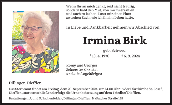 Traueranzeige von Irmina Birk von saarbruecker_zeitung