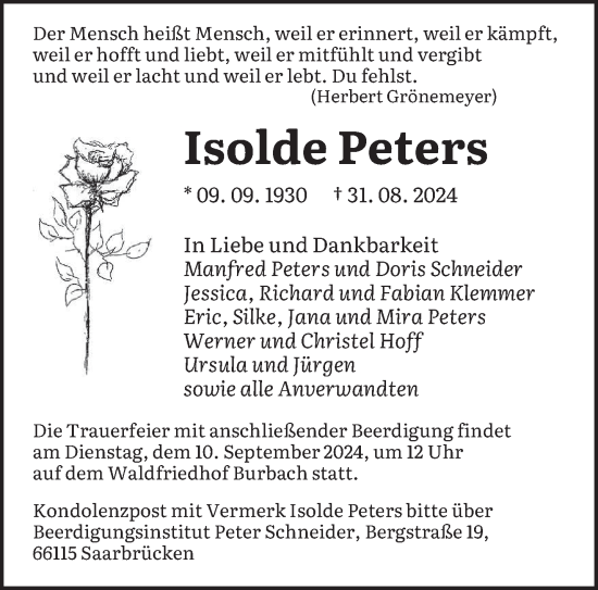 Traueranzeige von Isolde Peters von saarbruecker_zeitung