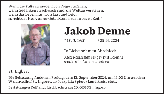 Traueranzeige von Jakob Denne von saarbruecker_zeitung