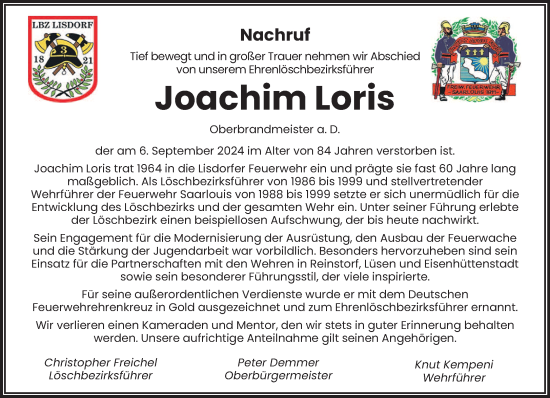 Traueranzeige von Joachim Loris von saarbruecker_zeitung