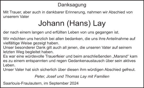 Traueranzeige von Johann Lay von saarbruecker_zeitung