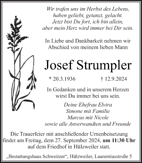 Traueranzeige von Josef Strampler von saarbruecker_zeitung