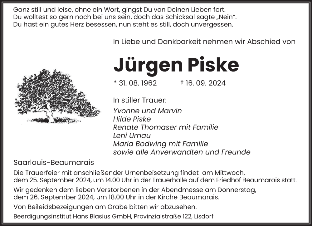  Traueranzeige für Jürgen Piske vom 21.09.2024 aus saarbruecker_zeitung