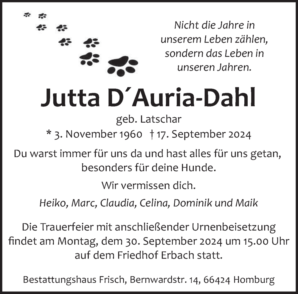  Traueranzeige für Jutta D´Auria-Dahl vom 21.09.2024 aus saarbruecker_zeitung