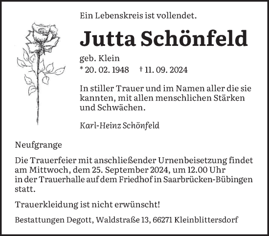 Traueranzeige von Jutta Schönfeld von saarbruecker_zeitung