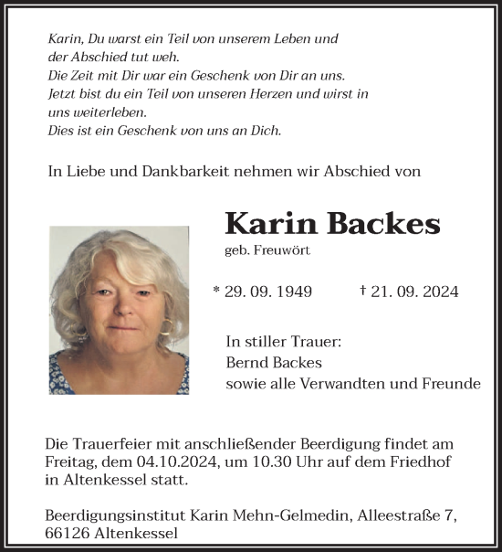 Traueranzeige von Karin Backes von saarbruecker_zeitung