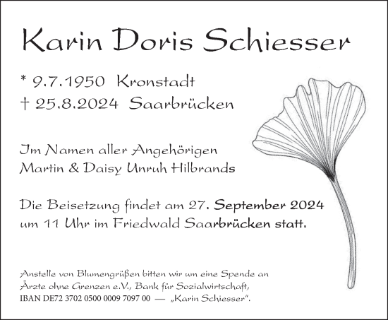 Traueranzeige von Karin Doris Schiesser von saarbruecker_zeitung