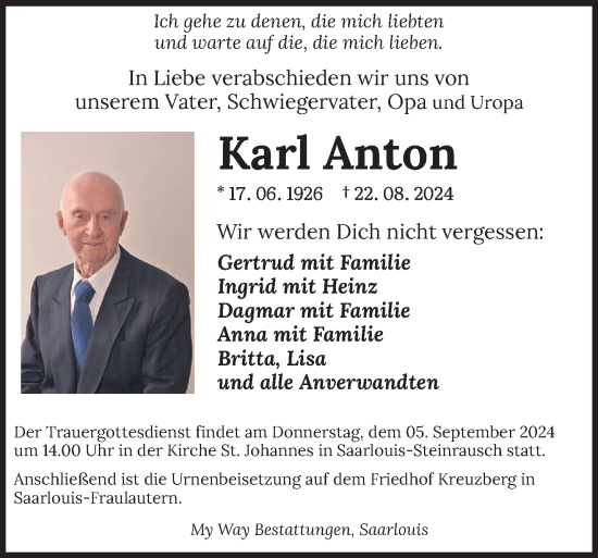 Traueranzeige von Karl Anton von saarbruecker_zeitung