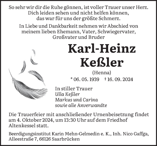 Traueranzeige von Karl-Heinz Keßler von saarbruecker_zeitung