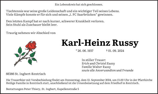 Traueranzeige von Karl-Heinz Russy von saarbruecker_zeitung