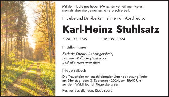 Traueranzeige von Karl-Heinz Stuhlsatz von saarbruecker_zeitung