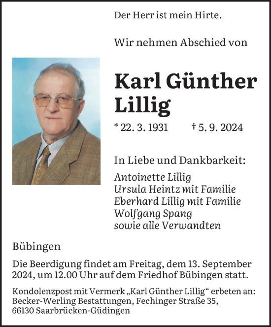 Traueranzeige von Karl Günther Lillig von saarbruecker_zeitung