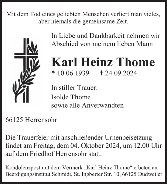 Traueranzeige von Karl Heinz Thome von saarbruecker_zeitung