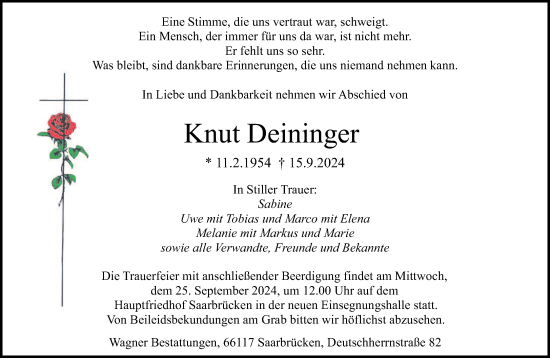 Traueranzeige von Knut Deininger von saarbruecker_zeitung