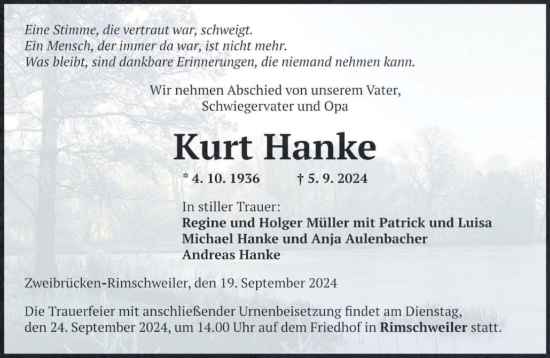 Traueranzeige von Kurt Hanke von saarbruecker_zeitung