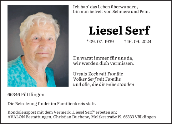 Traueranzeige von Liesel Serf von saarbruecker_zeitung